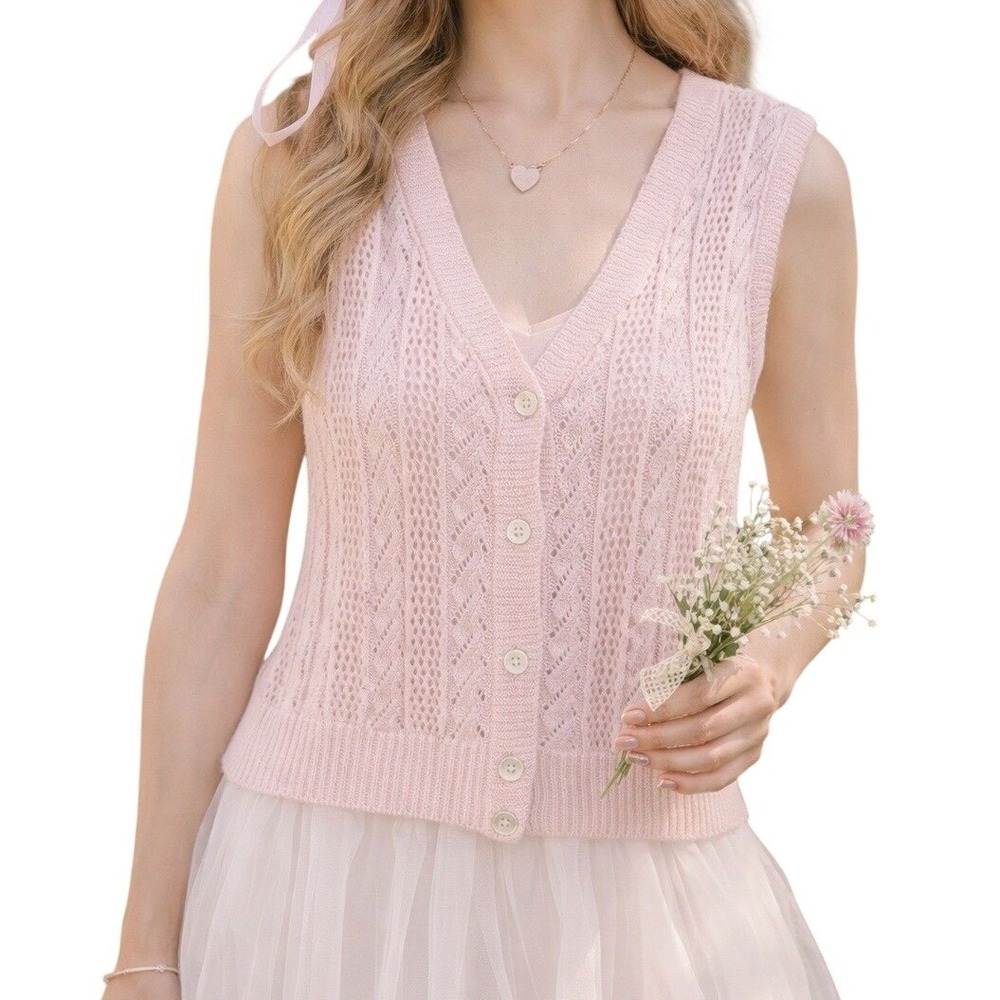 Montgomery Ward Coquette Vintage Pointelle Knit Vest Women Pink‎ Button Front M